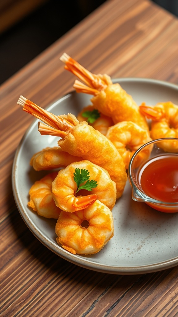 Crispy shrimp tempura served with dipping sauce and garnished with parsley, on a wooden table.